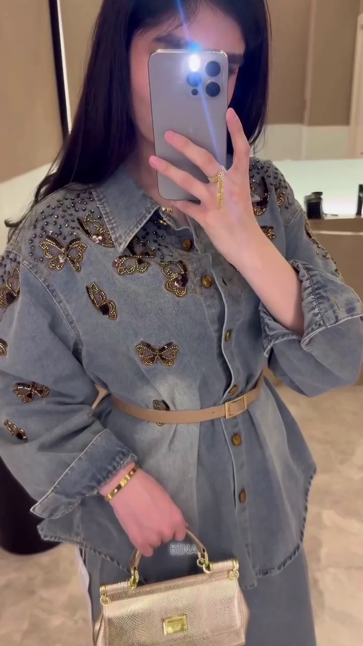 Embellished Denim Jacket with Butterfly Embroidery