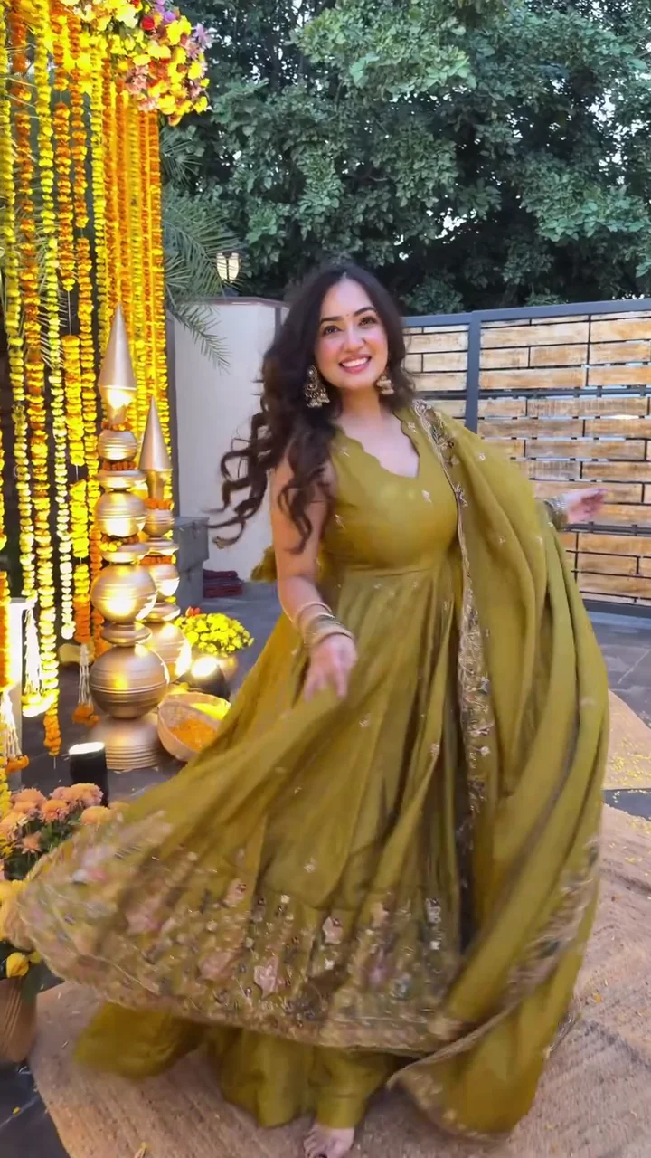 Olive Green Embroidered Anarkali