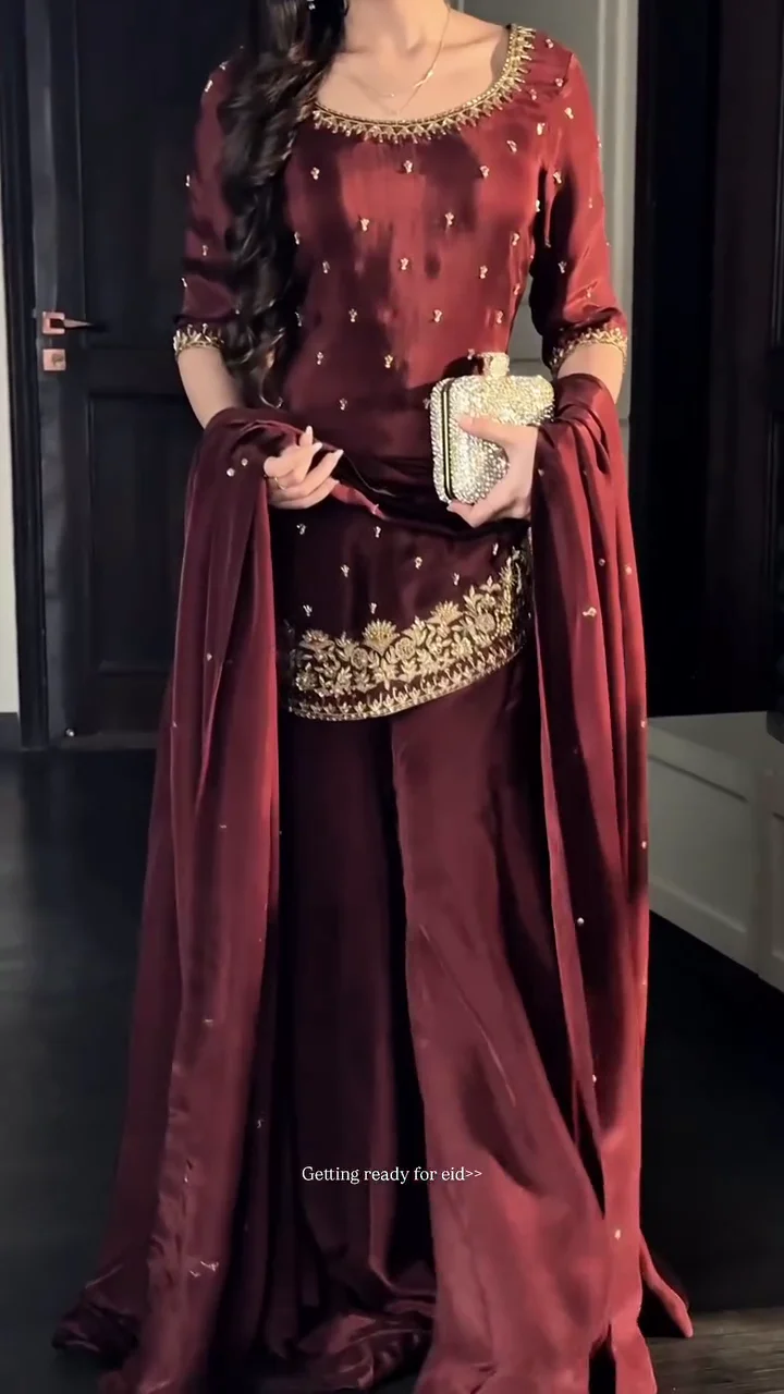 Maroon Embroidered Kurta Sharara Set