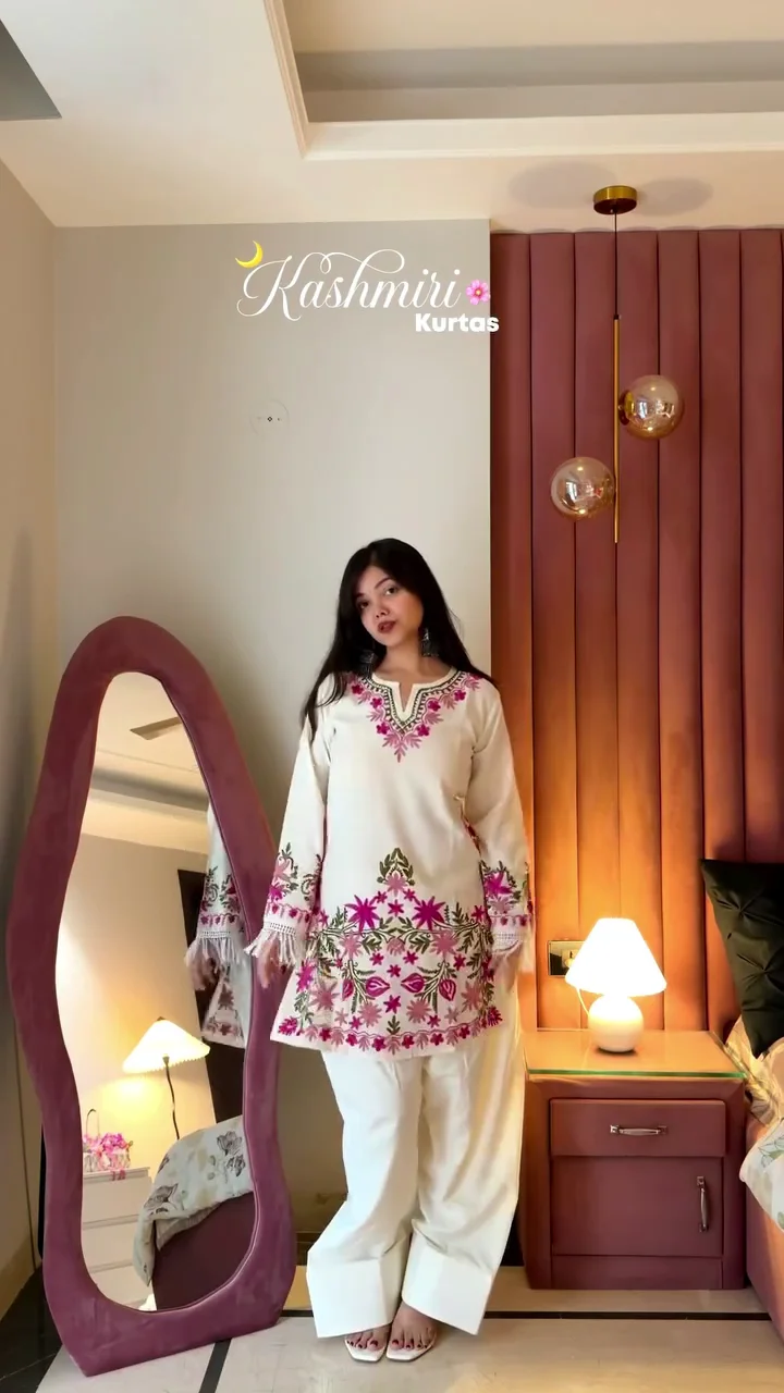 White Kashmiri Embroidered Kurta with Wide-Leg Pants