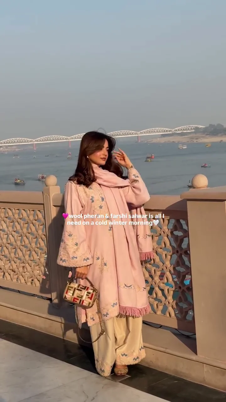 Blush Pink Wool Pheran with Farshi Salwar