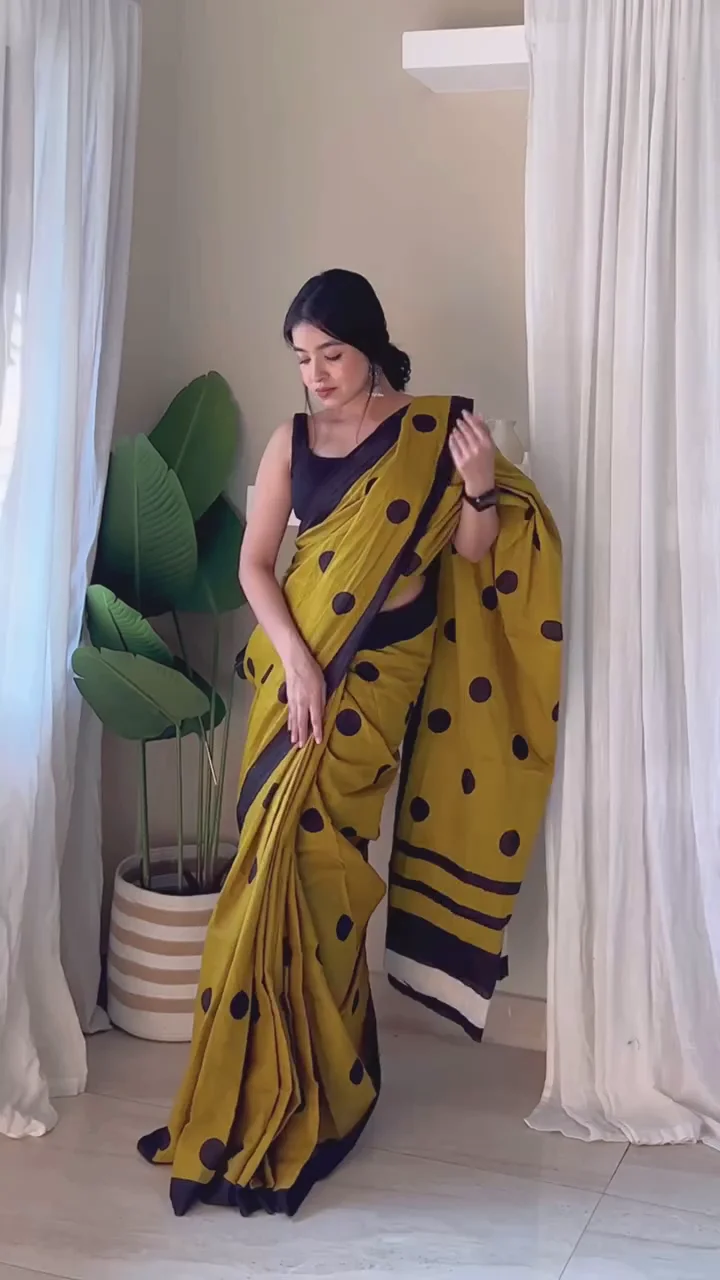 Classic Mustard Polka Dot Saree with Contrast Border
