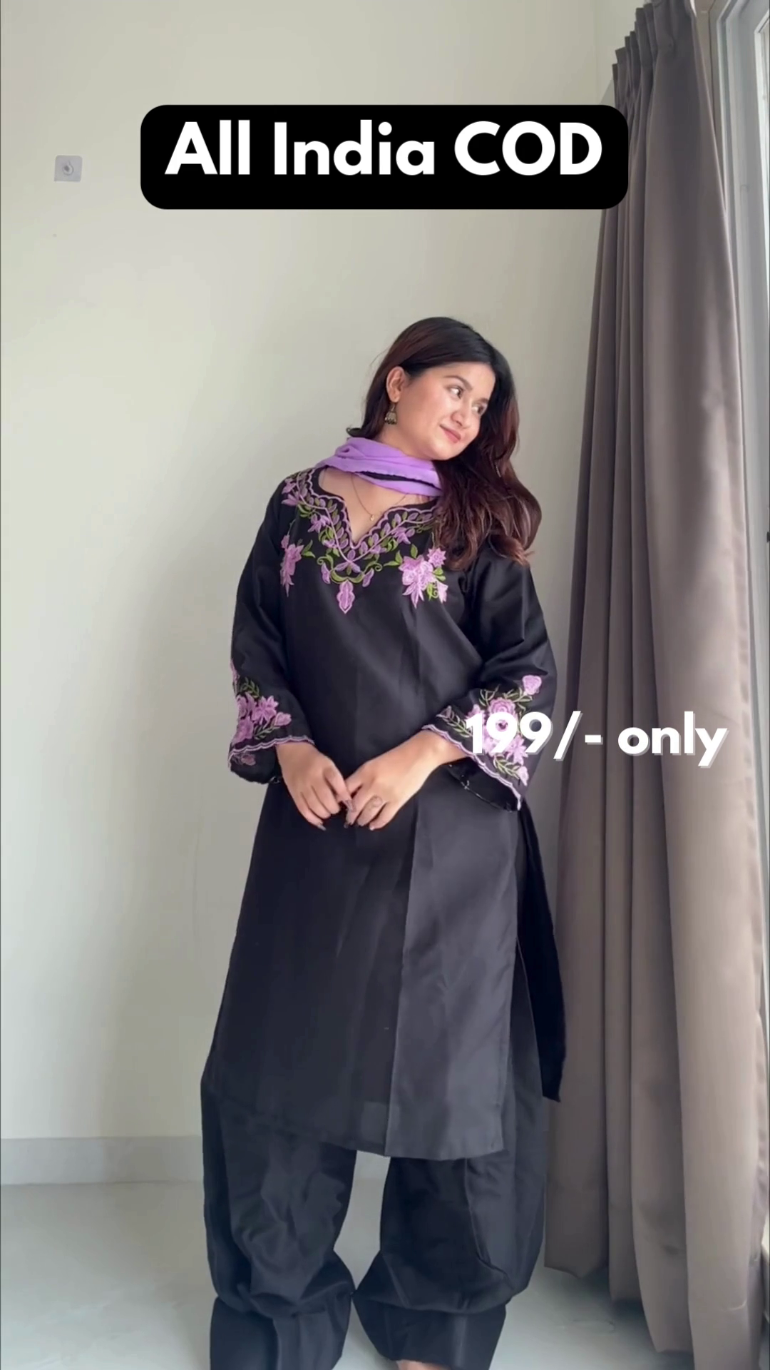 Black Embroidered Kurta Set with Purple Dupatta
