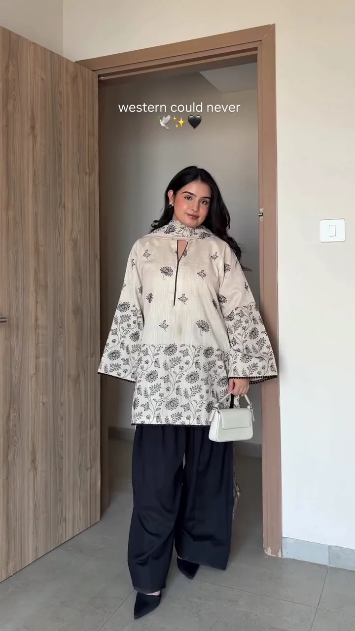 Beige Printed Kurta with Black Palazzo Set