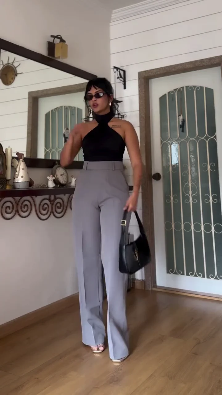 Black Halter Neck Top with Grey Trousers