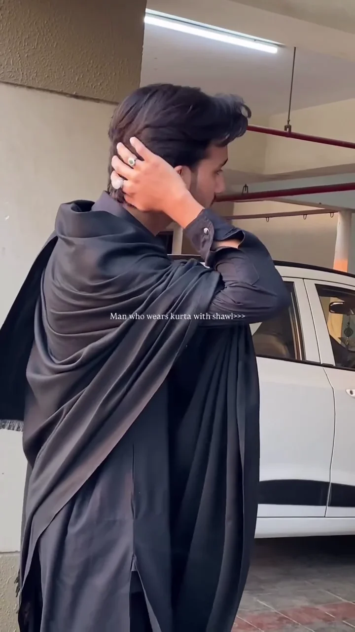 Classic Black Kurta with Elegant Draped Shawl