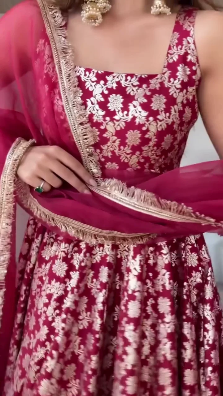 Maroon Floral Banarasi Style Lehenga Set