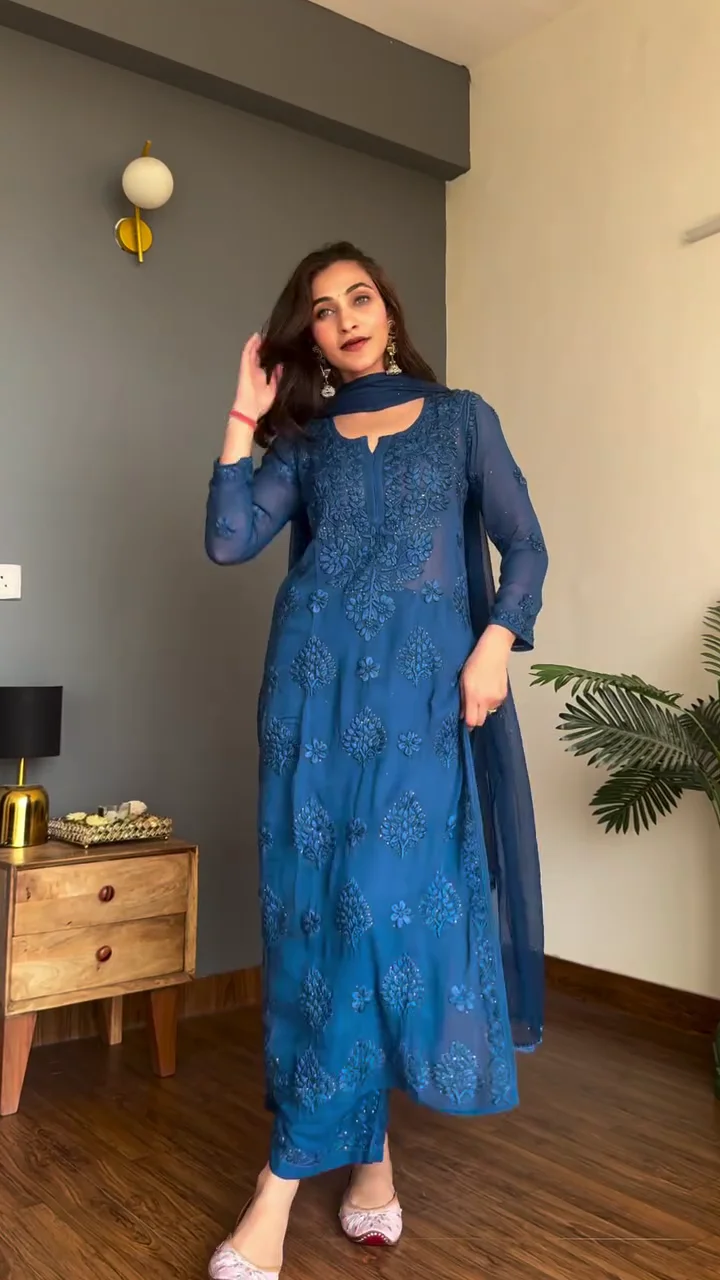 Classic Embroidered Blue Kurta Set with Dupatta