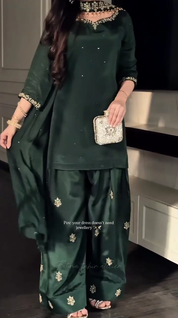 Classic Emerald Green Kurta and Palazzo Set with Minimal Embroidery